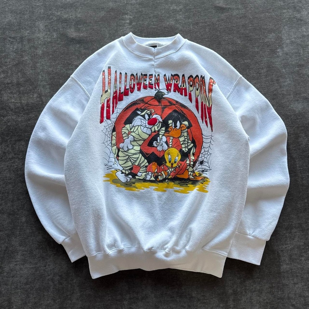 Vintage 90s Looney Tunes Halloween Wrappin Sweatshirt Tultex White Large 1994